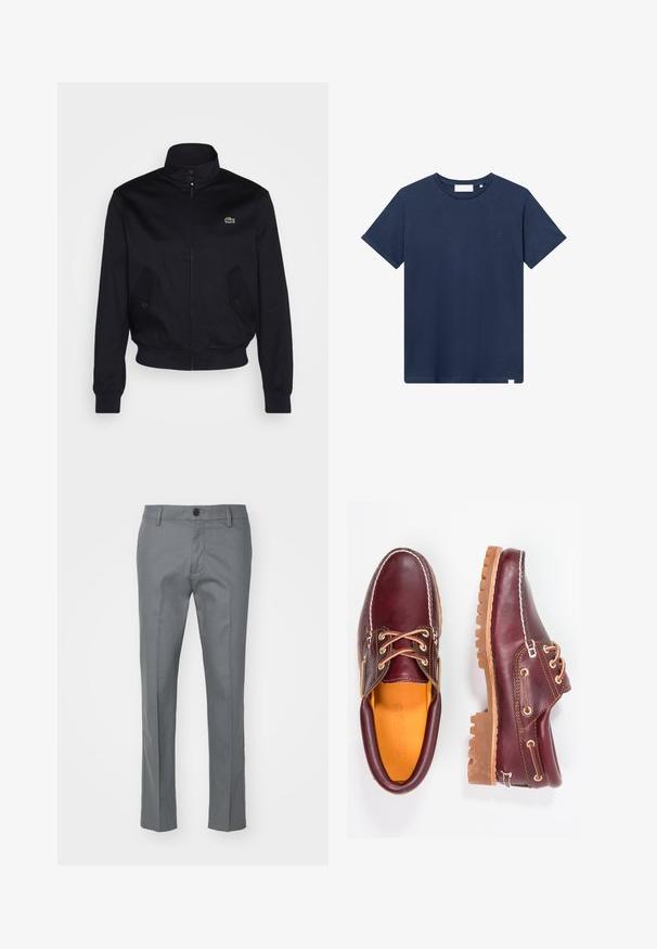 Tengerészkék dzseki magas gallérral, cipzáras elülső résszel és két oldalzsebbel; a mellkason zöld Lacoste logó található; sima anyagból készült.; Tengerészkék pamut póló, kerek nyakkal, rövid ujjakkal, és egy kis hímzett logóval a bal mellen. Sima textúra.; Szürke nadrág, sima anyagból, egyenes lábformával, egy elülső gombbal és diszkrét oldalsó zsebekkel a funkcionalitás érdekében.; Bordó bőr cipő barna gumitalppal, kerek orral, fehér varrással és arany fűzőlyukakkal. A belső tér sárga béléssel rendelkezik.