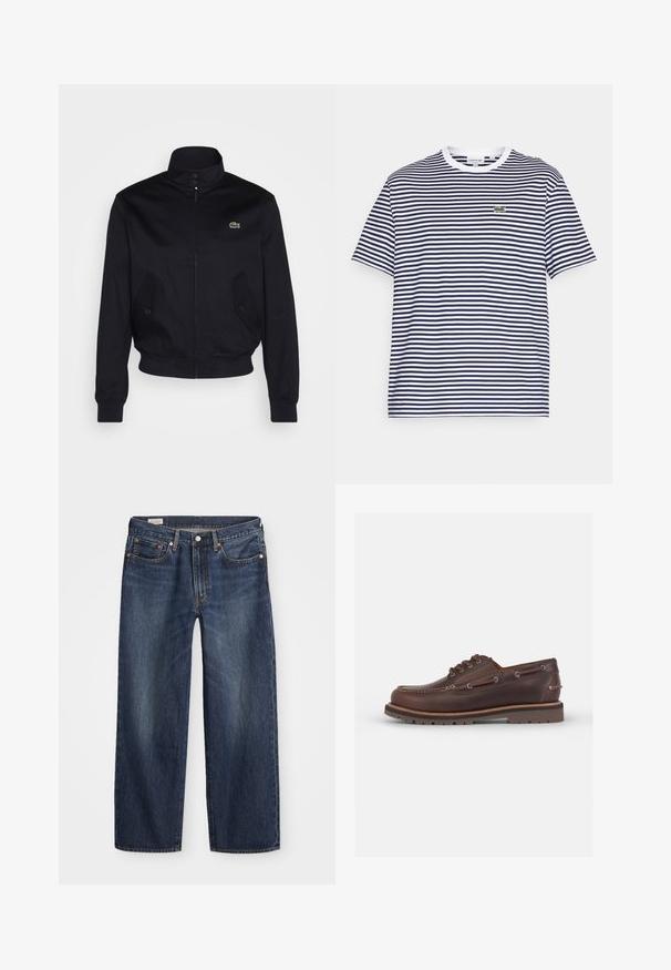 Veste bleu marine avec un col haut, fermeture éclair sur le devant et deux poches latérales ; présente un logo Lacoste vert sur la poitrine ; fabriquée en tissu lisse.; T-shirt en coton à rayures bleu marine et blanches avec un col rond et des manches courtes. Présente un petit logo de crocodile vert sur la poitrine.; Jean en denim bleu foncé avec une coupe droite, design à cinq poches, bouton en métal et fermeture éclair, et motifs de décoloration légère.; Chaussure bateau en cuir marron avec un bout arrondi, six œillets, des coutures contrastées et une semelle en caoutchouc texturée.