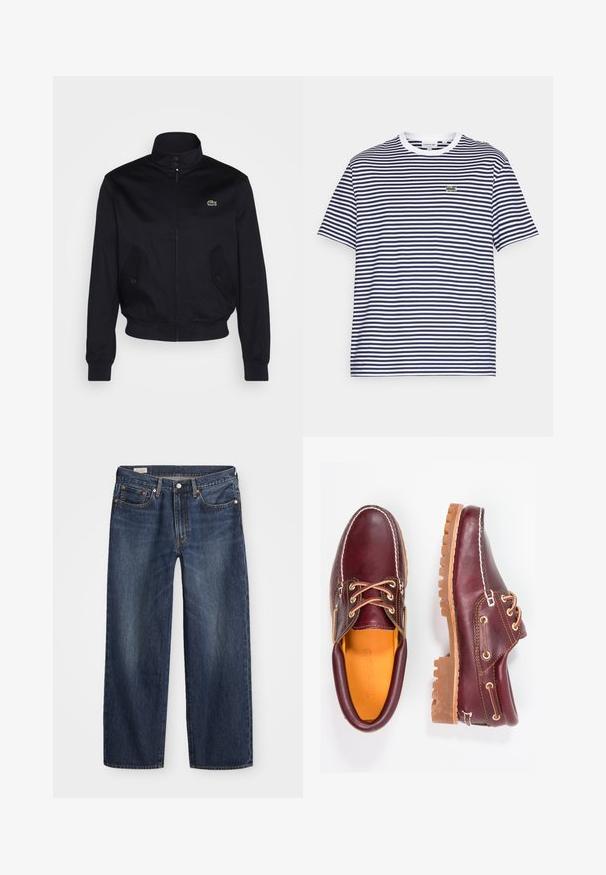 Mørkeblå jakke med høy krage, glidelås foran og to sidelommer; har en grønn Lacoste-logo på brystet; laget av glatt stoff.; Marineblå og hvit stripete bomulls T-skjorte med rund hals og korte ermer. Har en liten grønn krokodillelogo på brystet.; Mørkeblå denimjeans med rette ben, femlommemønster, metallknapp og glidelås, samt subtle slitasjemønstre.; Burgunderrøde lærsko med brune gummisåler, rund tå, hvide syninger og gyldne snørehuller. Indvendig har de en gul foring.