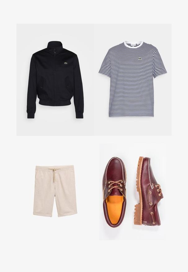 Marinblå jacka med hög krage, dragkedja fram och två sidofickor; har en grön Lacoste-logga på bröstet; tillverkad av ett slätt material.; Marinblå och vit randig bomullströja med rund hals och korta ärmar. Har en liten grön krokodil-logotyp på bröstet.; Beige bomullsblandade shorts med resårmidja, snörningsdetalj och uppvikta fållar. Slät textur, inga mönster eller hårdvara.; Burgundy läderskor med bruna gummisulor, rund tå, vit söm och gyllene öljetter. Inredningen har en gul foder.