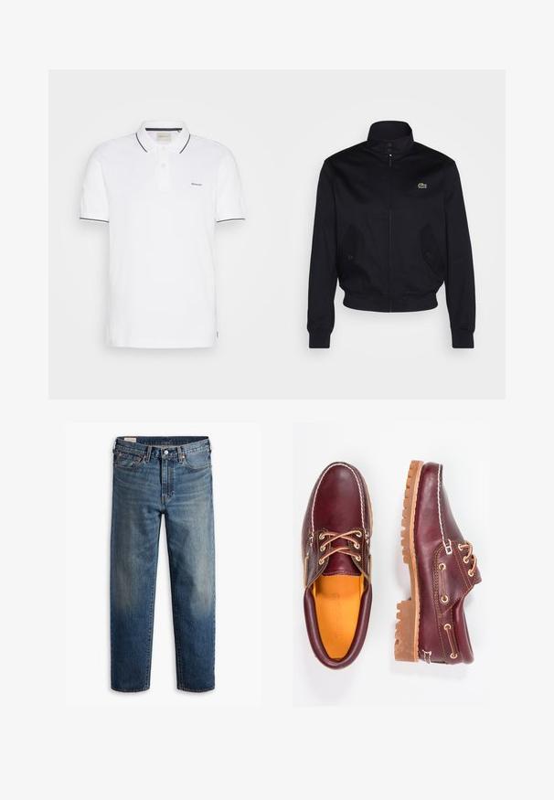 Laivasilkkinen takki, jossa on korkea kaulus, vetoketjukiinnitys ja kaksi sivutaskua; rinnan kohdalla on vihreä Lacoste-logo; valmistettu sileästä kankaasta.; Valkoinen pöytäpayunutakki, joka on valmistettu puuvillasta, sisältää kaksinappisen kauluksen, lyhyet hihat ja laivastonsinisiä yksityiskohtia kauluksessa ja hihoissa. GANT-logo rinnassa.; Siniset suoralahkeiset farkut, joissa on klassinen viiden taskun muotoilu, nappisulku ja hienovarainen haalistuminen reisiä ja polvia myöten.; Burgundin nahkakengät ruskeilla kumipohjilla, pyöreällä kärjellä, valkoisella ompelulla ja kultaisilla nauha-aukkoilla. Sisäpuolella on keltainen vuori.