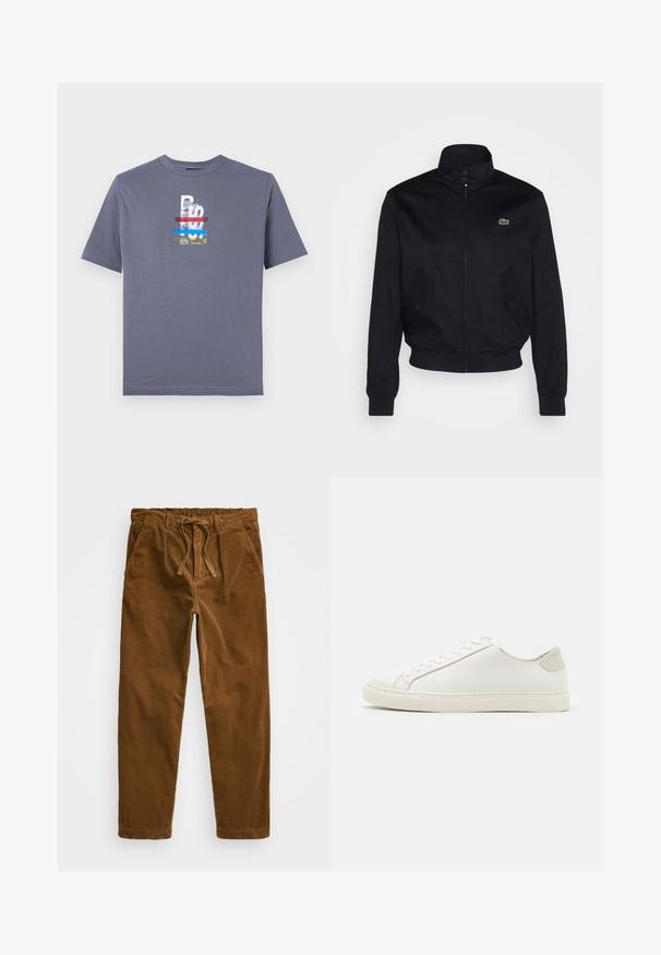 Chaqueta azul marino con cuello alto, cierre delantero y dos bolsillos laterales; presenta un logo verde de Lacoste en el pecho; está hecha de tela suave.; Camiseta de algodón gris con un diseño gráfico multicolor que incluye texto e ilustración de un tigre, cuello redondo y mangas cortas.; Pantalones de pana marrón con una cinturilla elástica con cordón, bolsillos laterales y perneces rectos con costuras texturizadas.; Zapatilla blanca de cuero con una superficie suave, punta redonda y diseño minimalista. Presenta acentos en beige en el talón y una suela de goma.