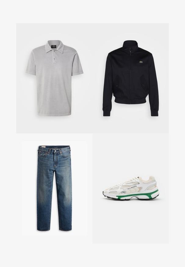 Granatowa kurtka z wysokim kołnierzem, zapinana na zamek błyskawiczny, z dwoma bocznymi kieszeniami; na piersi widoczna zielona aplikacja z logo Lacoste; wykonana z gładkiego materiału.; Mads Nørgaard - Koszulka polo; Niebieskie dżinsy o prostym kroju z klasycznym pięciopocketowym wzorem, zapięciem na guzik i delikatnym przetarciem na udach i kolanach.; Biały sneaker z zielonym akcentem i czarną gumową podeszwą. Posiada panelowe wstawki z siateczki i syntetyku, z fakturowanym wykończeniem oraz widocznym przeszyciem.