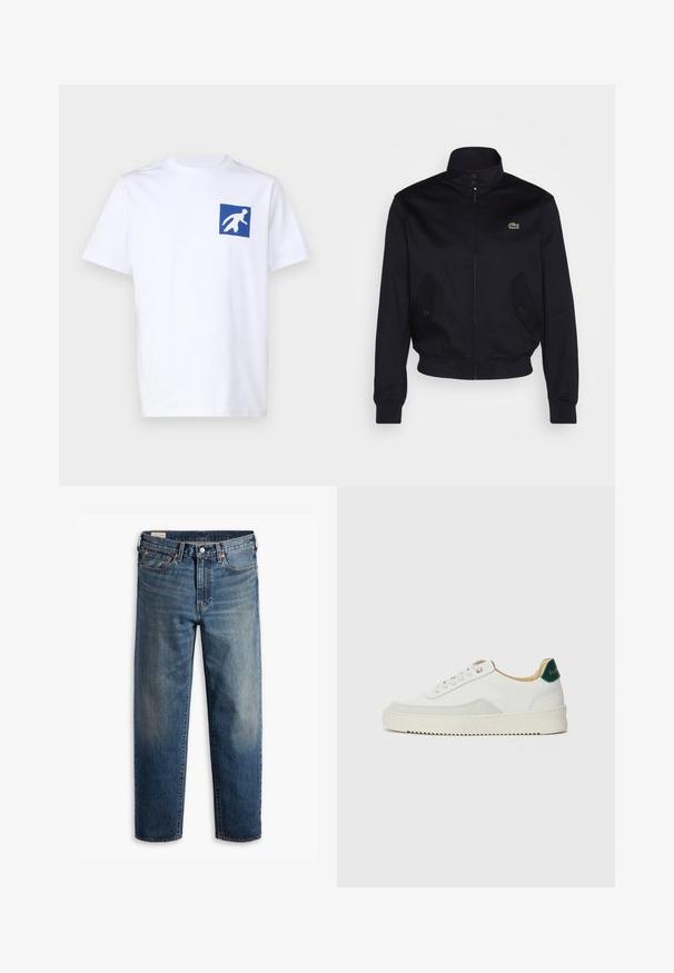 Tamsiai mėlynas švarkas su aukštu apykakle, užtrauktuku priekyje ir dviem šoninėmis kišenėmis; krūtinėje matomas žalias Lacoste logotipas; pagamintas iš lygios medžiagos.; Balta medvilnės marškinėliai su laisvu pjūviu, ant kurių kairėje krūtinės pusėje yra mėlyna kvadrato grafika su balta figūros siluetu.; Mėlynos tiesios kojos džinsinės kelnės su klasikinio penkių kišenių dizainu, mygtuko uždarymu ir subtiliu išblukimu ant šlaunų ir kelių.; Baltos sportbačiai su zomšos akcentais, apvaliu nosiu, plokščiais raišteliais ir kreminės spalvos guminiu padu. Ant kulno yra žalia ženklinimo detalė.