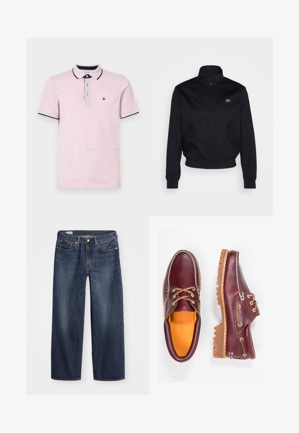 Granatowa kurtka z wysokim kołnierzem, zapinana na zamek błyskawiczny, z dwoma bocznymi kieszeniami; na piersi widoczna zielona aplikacja z logo Lacoste; wykonana z gładkiego materiału.; Jasnoróżowa koszulka polo wykonana z bawełny, z trzema guzikami przy kołnierzyku, z granatowymi wykończeniami kołnierza i rękawów oraz małym haftowanym logo.; Granatowe dżinsy o prostym kroju nogawki, pięć kieszeni, metalowy guzik i zamek błyskawiczny oraz subtelne wzory przetarć.; Bordowe skórzane buty z brązowymi gumowymi podeszwami, okrągły czubek, białe przeszycia i złote oczka. Wnętrze posiada żółtą podszewkę.