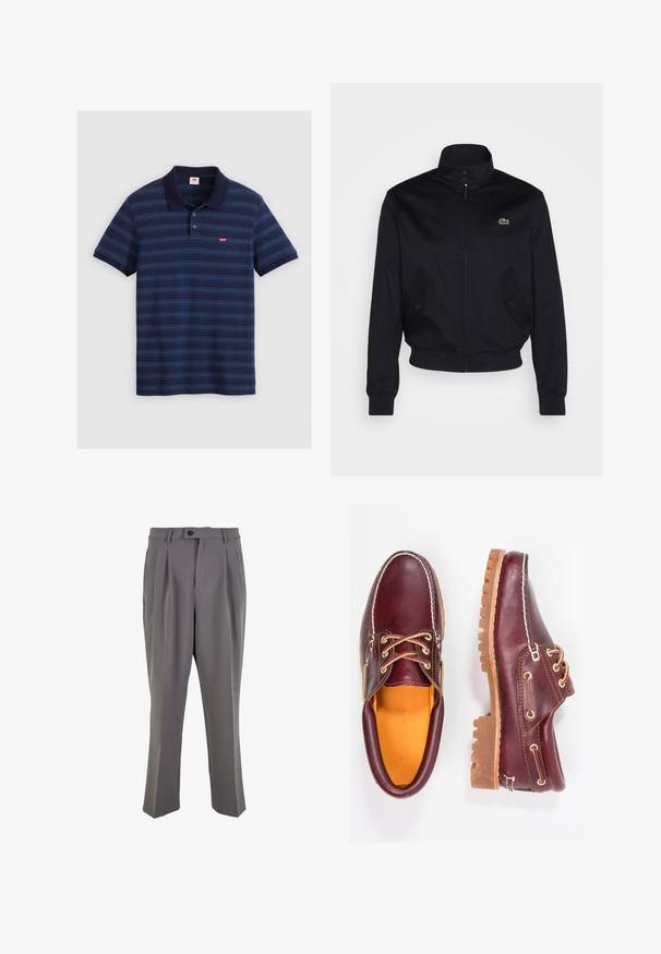 Tumedat sinine jakk kõrge kaelusega, lukuga esiosas ja kahe küljetaskuga; rinnal on roheline Lacoste logo; valmistatud siledast kangast.; Tumed sinise värvi poloülikond horisontaalsete triipudega, lühikeste varrukatega, krae ja kolme nupuga pihaga. Esiküljel on väike logo.; Hallid volangiga püksid, mis on valmistatud siledast kangast, sirge lõikega, ühe nupuga kinnitusega ja vöödega. Minimalistlik disain.; Burgundia nahkkingad pruunide kummitaldadega, ümmarguse varbaga, valge tikandi ja kuldsete silmadega. Siseosa on kollase voodriga.