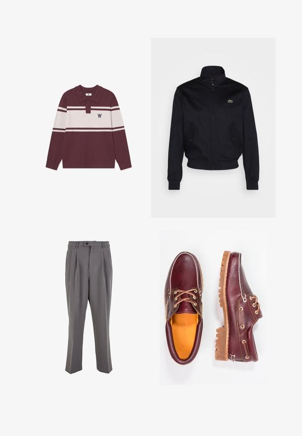 Navy blue jacket with a high collar, zip front, and two side pockets; features a green Lacoste logo on the chest; made of smooth fabric.; Long-sleeve burgundy polo shirt with white horizontal stripes, two buttons, and a black "W" logo on the left chest.; Gray pleated trousers made of smooth fabric, featuring a straight cut, a single button closure, and belt loops. Minimalist design.; Burgundy leather shoes with brown rubber soles, round toe, white stitching, and gold eyelets. Interior features a yellow lining.