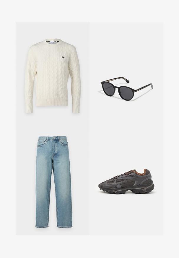 Groene gewatteerde jas met capuchon, voorzien van horizontale gestikte naden, een ritssluiting aan de voorkant en een klein geborduurd logo op de borst.; Crème kabelgebreide trui met ronde hals, geribde manchetten en zoom, en een groen Lacoste-logo op de borst. De textuur van de stof benadrukt de details.; Lichtblauwe denim jeans met een losse pasvorm, rechte pijpen, een vijfzakkenontwerp en een knoopsluiting bij de taille. Minimalistische stikdetails.; Lacoste sneakers in donkergrijs van mesh en synthetisch materiaal, met een gestructureerde zool en bruine accenten op de kraag en branding.; BOSS Zonnebril - black