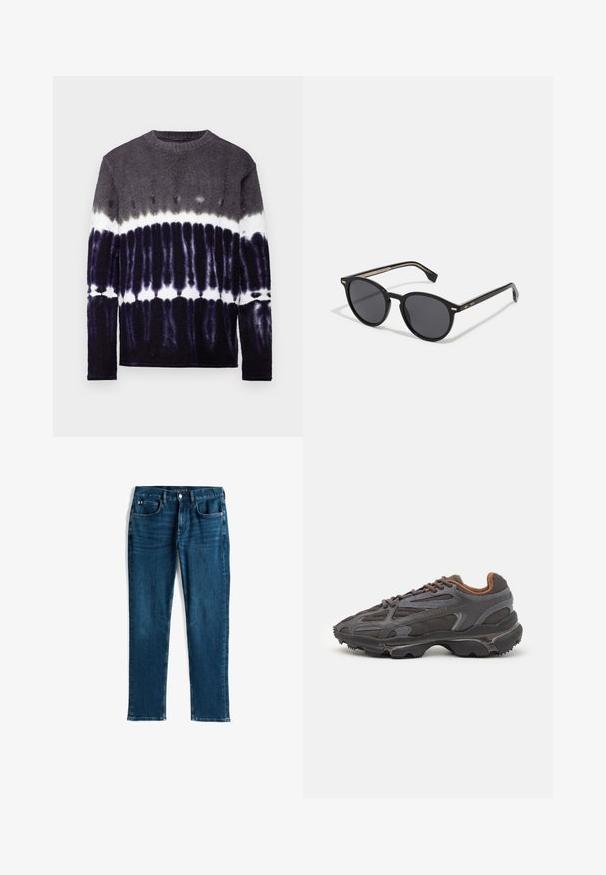 Green padded jacket with a hood, featuring horizontal quilted stitching, a front zipper, and a small embroidered logo on the chest.; Long-sleeve sweater featuring a gradient tie-dye pattern in shades of gray, black, and white; soft texture and round neckline.; Dark blue denim jeans, straight leg design, five-pocket style, with subtle whiskering and contrast stitching, metallic button and zipper closure.; Lacoste sneakers in dark gray with mesh and synthetic material, featuring a textured sole and brown accents on the collar and branding.; BOSS Sunglasses - black