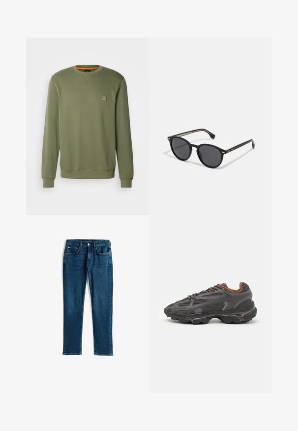 Grønn polstret jakke med hette, med horisontale quiltede sømmer, en frontglidelås og en liten brodert logo på brystet.; BOSS WESTART - Sweatshirt - open green; Mørkeblå denimjeans, rett ben-design, fem-lommers stil, med subtile slit og kontrastsøm, metallknapp og glidelås-lukking.; Lacoste-sneakers i mørkegrått med mesh- og syntetisk materiale, med en teksturert såle og brune detaljer på kragen og merket.; BOSS Solbriller - black