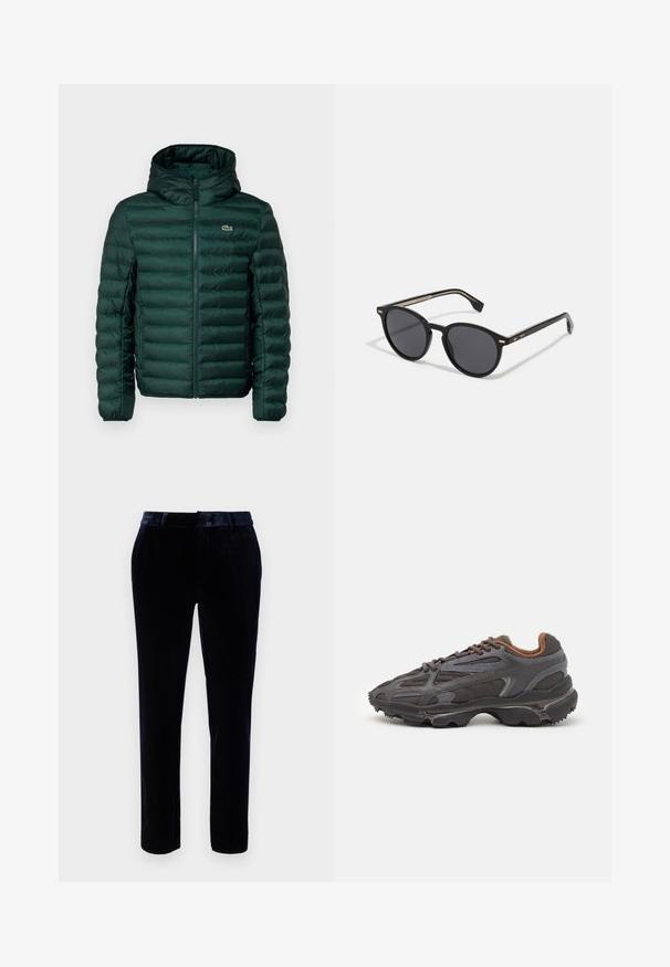 Green padded jacket with a hood, featuring horizontal quilted stitching, a front zipper, and a small embroidered logo on the chest.; Red cotton t-shirt with short sleeves, crew neck, and a small logo on the left chest. Smooth texture and regular fit.; Dark blue velvet trousers with a flat front, belt loops, and a slim-fit design. Smooth texture and subtle sheen enhance appearance.; Lacoste sneakers in dark gray with mesh and synthetic material, featuring a textured sole and brown accents on the collar and branding.; BOSS Sunglasses - black