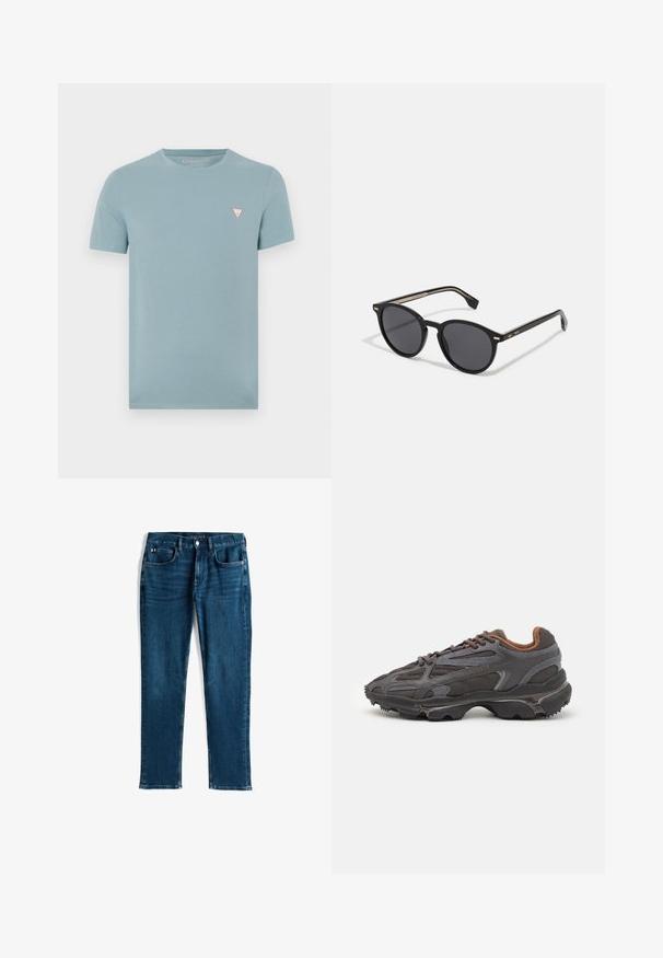 Grön vadderad jacka med huva, med horisontellt quiltat sömnad, dragkedja framtill och en liten broderad logotyp på bröstet.; Ljusblå t-shirt med kort ärm, tillverkad av mjuk bomull. Har en liten triangulär logotyp i röd och vit på vänster bröst.; Mörkblå denimjeans, rak bendesign, femficksmodell, med subtila slitningar och kontrasterande sömmar, metallknapp och dragkedjestängning.; Lacoste-sneakers i mörkgrått med nät och syntetmaterial, med en strukturerad sula och bruna detaljer på kragen och varumärket.; BOSS Solglasögon - black