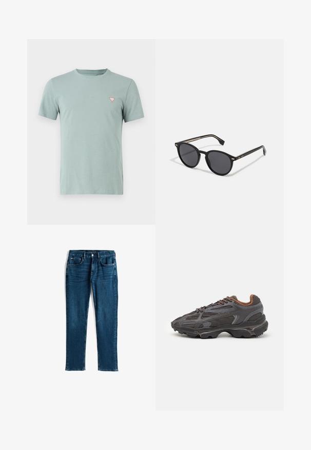 Green padded jacket with a hood, featuring horizontal quilted stitching, a front zipper, and a small embroidered logo on the chest.; Light green cotton T-shirt with a round neckline and short sleeves. Features a small red triangle logo on the left chest.; Dark blue denim jeans, straight leg design, five-pocket style, with subtle whiskering and contrast stitching, metallic button and zipper closure.; Lacoste sneakers in dark gray with mesh and synthetic material, featuring a textured sole and brown accents on the collar and branding.; BOSS Sunglasses - black