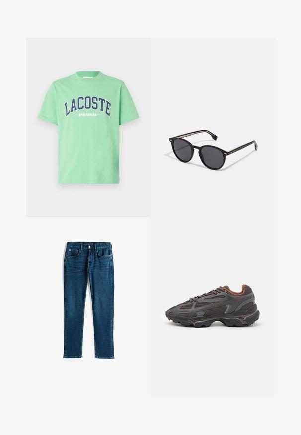 Chaqueta verde acolchada con capucha, con costuras horizontales acolchadas, un cierre delantero y un pequeño logotipo bordado en el pecho.; Camiseta de algodón verde con cuello redondo. Presenta texto en negrita azul marino que dice "LACOSTE" y "SPORTSWEAR" en el pecho. Mangas cortas.; Jeans de mezclilla azul oscuro, diseño de pierna recta, estilo de cinco bolsillos, con un ligero desgastado y costuras en contraste, cierre con botón metálico y cremallera.; Zapatillas Lacoste en gris oscuro con material de malla y sintético, que cuentan con una suela texturizada y detalles en marrón en el cuello y la marca.; BOSS Gafas de sol - black