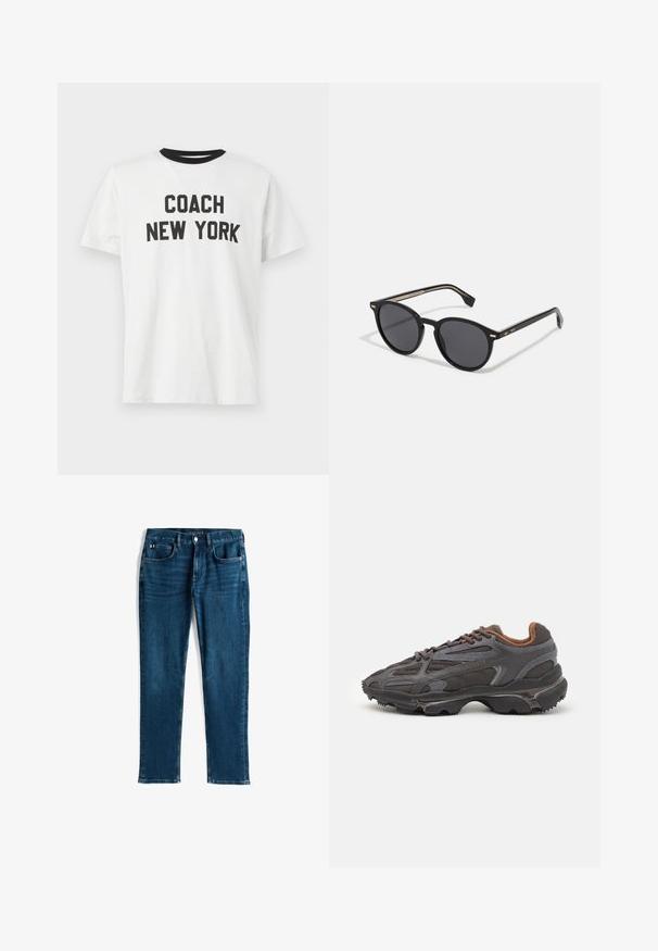 Grønn polstret jakke med hette, med horisontale quiltede sømmer, en frontglidelås og en liten brodert logo på brystet.; COACH LOCATION - T-shirts med print - white; Mørkeblå denimjeans, rett ben-design, fem-lommers stil, med subtile slit og kontrastsøm, metallknapp og glidelås-lukking.; Lacoste-sneakers i mørkegrått med mesh- og syntetisk materiale, med en teksturert såle og brune detaljer på kragen og merket.; BOSS Solbriller - black