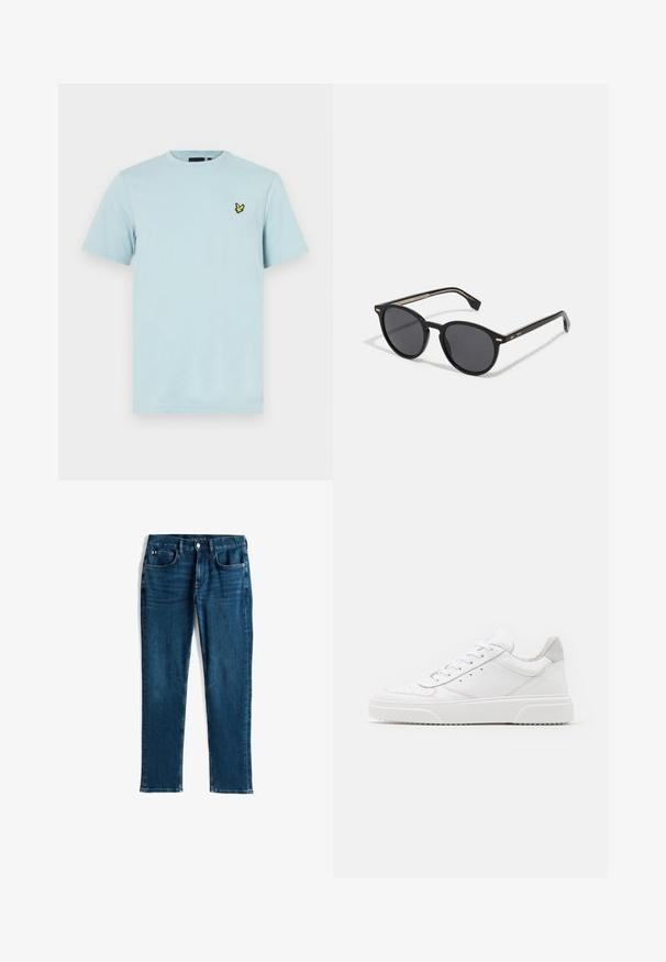 Zöld párnázott dzseki kapucnival, vízszintes steppeléssel, elülső cipzárral és egy kis hímzett logóval a mellkason.; Világoskék pamut póló rövid ujjakkal, kerek nyakkivágással és egy apró sárga hímzett pillangó logóval a mellrészen.; Sötétkék farmernadrág, egyenes szárú dizájn, öt zsebes stílus, finom elkoptatás és kontrasztos varrás, fémből készült gombbal és cipzárral.; Fehér bőr sportcipő sima felülettel, kerek orral, lapos fűzőkkel és textúrált talppal. Szürke velúr díszítés a saroknál.; BOSS Napszemüvegek - black