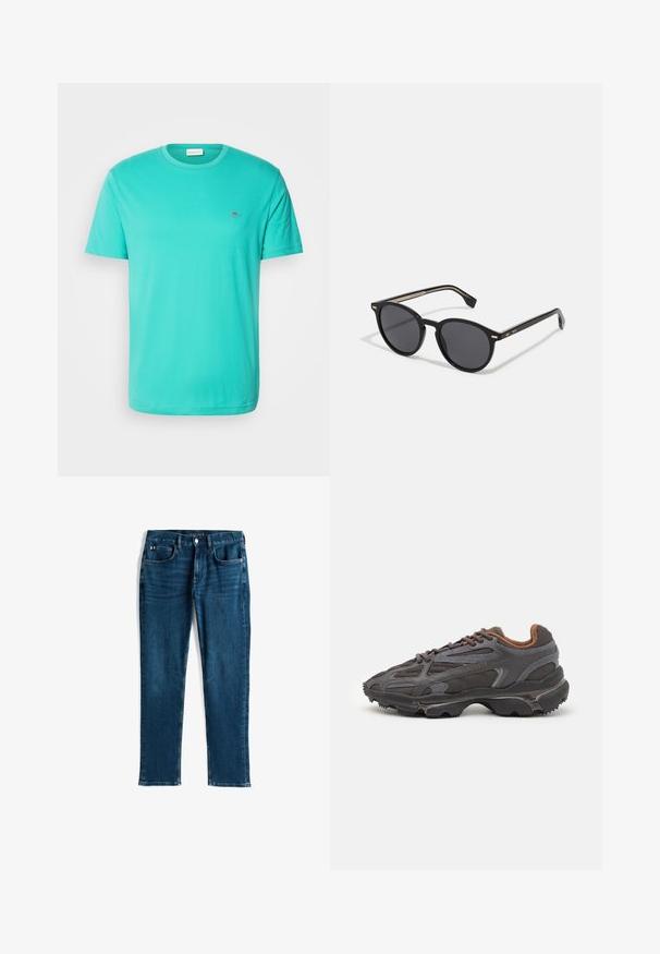 Green padded jacket with a hood, featuring horizontal quilted stitching, a front zipper, and a small embroidered logo on the chest.; GANT SHIELD - Basic T-shirt - türkis/lagoon blue; Dark blue denim jeans, straight leg design, five-pocket style, with subtle whiskering and contrast stitching, metallic button and zipper closure.; Lacoste sneakers in dark gray with mesh and synthetic material, featuring a textured sole and brown accents on the collar and branding.; BOSS Sunglasses - black