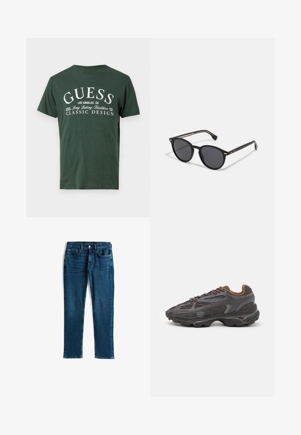 Grønn polstret jakke med hette, med horisontale quiltede sømmer, en frontglidelås og en liten brodert logo på brystet.; Mørk grønn bomull T-skjorte med korte ermer som har hvit trykket tekst: "GUESS LOS ANGELES, CA, KLASSISK DESIGN." Enkelt rund halsåpning.; Mørkeblå denimjeans, rett ben-design, fem-lommers stil, med subtile slit og kontrastsøm, metallknapp og glidelås-lukking.; Lacoste-sneakers i mørkegrått med mesh- og syntetisk materiale, med en teksturert såle og brune detaljer på kragen og merket.; BOSS Solbriller - black