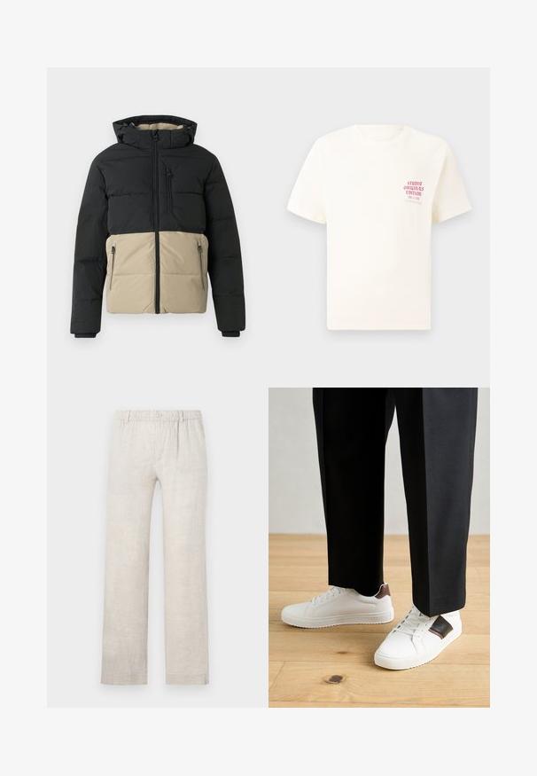 Puffjakke med svart overdel og beige underdel. Har glidelås foran, glidelåslommer på sidene og hette. Strukturert stoff.; Hvit T-skjorte med korte ermer og rød tekst "Studio Originals Edition" på venstre bryst, vist på en nøytral grå bakgrunn.; Lyse beige linbukser med rett ben-design, elastisk livlinje og knaplukning. Minimal tekstur med subtile syninger.; Hvite sneakers med glatt tekstur, med brune skinnakenter og svart detaljer, parret med svarte skreddersydde bukser. Bakgrunn med tregulv.