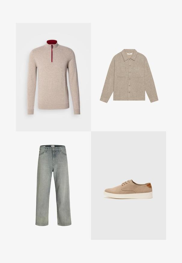 Chaqueta de camisa de color marrón claro, texturizada, con cuello con solapa, cierre frontal de botones y dos bolsillos en el pecho. Diseño simple y casual.; Suéter beige de cuello alto con una cremallera corta. Presenta detalles rojos a lo largo de la cremallera y una textura suave y lisa.; Vaqueros de mezclilla de un gris claro y corte holgado. Presentan un diseño clásico de cinco bolsillos, pasadores de cinturón y una silueta de pierna recta.; Zapatillas de ante beige con puntera redondeada, cordones en la parte delantera y un acento texturizado en la parte trasera. La suela de goma blanca proporciona contraste. Diseño sencillo y moderno.