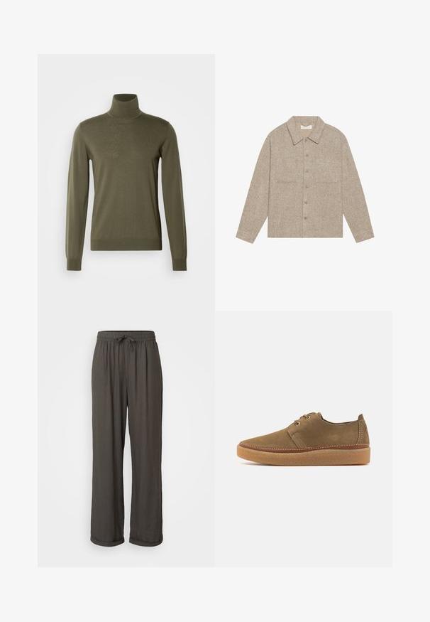 Světle hnědá, texturovaná košile-jacket s límečkem, předním zapínáním na knoflíky a dvěma náprsními kapsami. Jednoduchý, neformální design.; HUGO SAN THOMAS - Svetr - olive; Tmavě šedé kalhoty s širokým střihem a stahovacími šňůrkami v pase, vyrobené z měkké, texturované tkaniny, s ohrnutými manžetami u kotníků.; Hnědé kožené tenisky s hladkým povrchem, kulatou špičkou a kontrastním prošíváním. Silná gumová podešev poskytuje zvýšené odpružení.