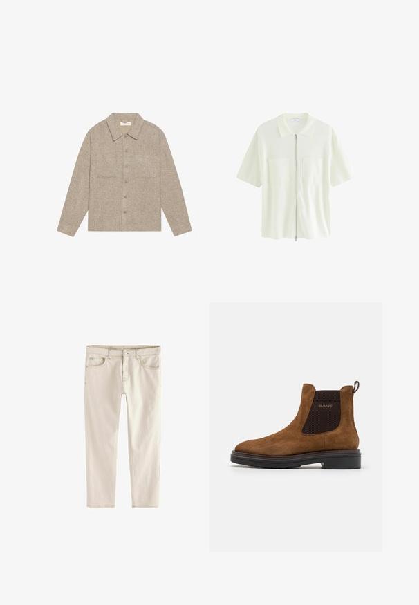 Lysebrune, struktureret skjortejakke med krave, frontknaplukning og to brystlommer. Enkel, casual design.; Kortærmet, hvid zip-shirt lavet af struktureret stof, med krave og to forlommer med firkantede klapper.; Lys beige slim-fit jeans med lige ben, fem lommer, knap- og lynlåslukning samt forstærket syning langs sømmene.; Brune ruskind ankelstøvle med rund tå og elastiske sidepaneler. Har en sort tekstureret accent og en løkke på bagenden. Sort sål.