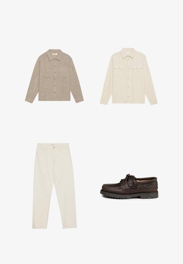 Chaqueta de camisa de color marrón claro, texturizada, con cuello con solapa, cierre frontal de botones y dos bolsillos en el pecho. Diseño simple y casual.; Camisa de pana beige con mangas largas, cuello puntiagudo y dos bolsillos en el pecho. Presenta un cierre frontal con botones y una tela texturizada.; Pantalones de mezclilla beige con corte recto, que cuentan con cinco bolsillos, cierre de botón y detalles de costura sutiles. Textura suave.; Zapato de barco de cuero marrón con punta redondeada, detalles de costura y ojales de metal para los cordones. Suela de goma con patrón de piso.
