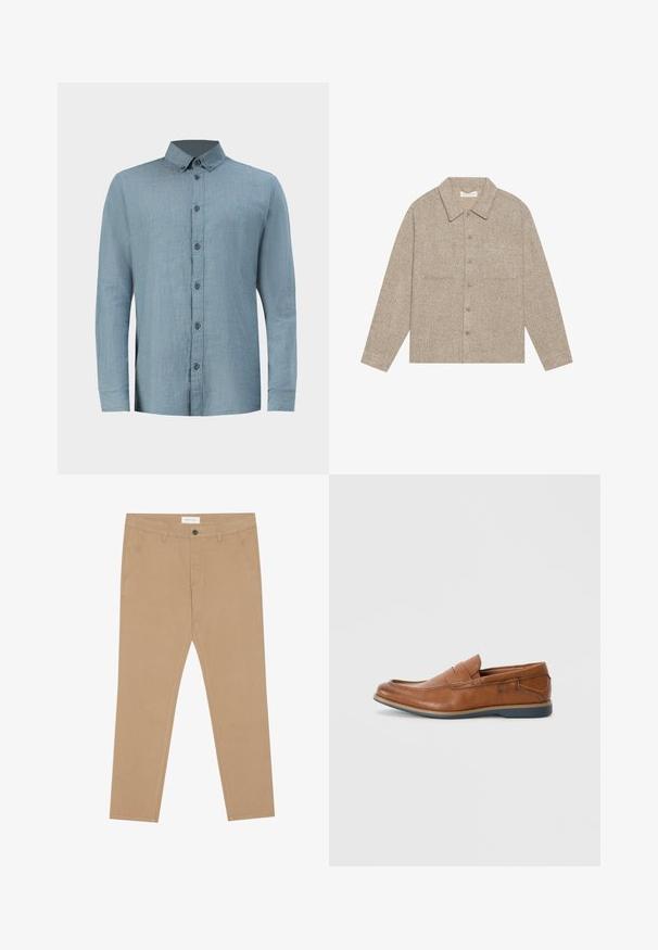 Chaqueta de camisa de color marrón claro, texturizada, con cuello con solapa, cierre frontal de botones y dos bolsillos en el pecho. Diseño simple y casual.; Camisa a cuadros azul claro hecha de algodón, con cuello abotonado, un bolsillo en el pecho y mangas largas con puños abotonados.; Chinos caqui de mezcla de algodón, con frente plano, dos bolsillos laterales y un bolsillo trasero. Tejido ligero con una textura suave.; Mocasines de cuero marrón con puntera redonda, acentos cosidos y suela de goma baja. El diseño cuenta con una banda en la parte superior.