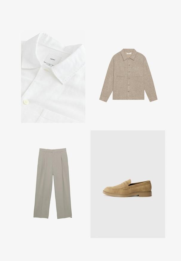 Světle hnědá, texturovaná košile-jacket s límečkem, předním zapínáním na knoflíky a dvěma náprsními kapsami. Jednoduchý, neformální design.; Bílá lněná košile s špičatým límečkem, jedním tlačítkovým zapínáním a náprsní kapsou. Štítek uvádí "NEXT," velikost M. Jemná textura.; Světle šedé kalhoty širokého střihu s hladkým povrchem, s předními sklady, zapínáním na knoflík a bočními kapsami.; Béžové semišové mokasíny s kulatou špičkou, nízkým blokovým podpatkem a prošíváním na svršku. Hladký povrch a minimalistický design.
