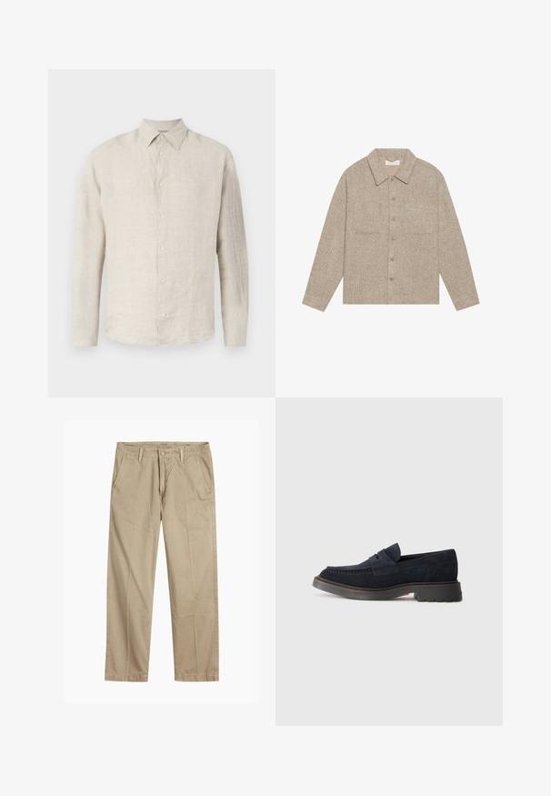Giacca camicia di un marrone chiaro, con texture, colletto, chiusura frontale con bottoni e due tasche sul petto. Design semplice e informale.; Camicia button-down in lino beige chiaro con colletto a punta, maniche lunghe e una texture sottile; presenta sei bottoni abbinati lungo la parte anteriore.; Chinos beige a gamba dritta con passanti per cintura, chiusura frontale a bottone e zip, e tasche laterali inclinati.; Mocassini in suede blu navy con punta arrotondata, cuciture decorative e suola in gomma con una leggera elevazione. Materiale e design durevoli.