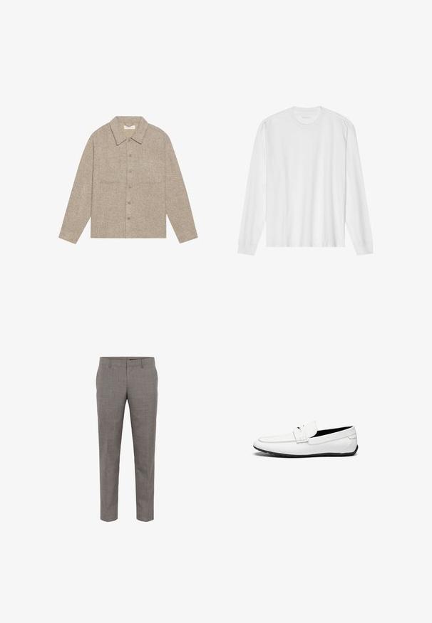 Hele pruun, tekstuuriga särk-jakk koos krae, eest nupukinnitusega ja kahe rinna taskuga. Lihtne, igapäevane disain.; Pika, pikkide varrukatega valge puuvillane T-särk, millel on ümar kaelus ja soonikkoes mansetid. Lihtne, kaunistusteta disain, mis hõlmab siledat tekstuuri ja standardset sobivust.; Hallid, kohandatud püksid tekstuuriga kangast, slim fit lõikega, küljetaskute ja lapikute ees.; Valged nahast loafersid siledast viimistlusest, millel on õmmeldud aktsent, ümar nina ja must kummist tallapind, mis tagab haarde.