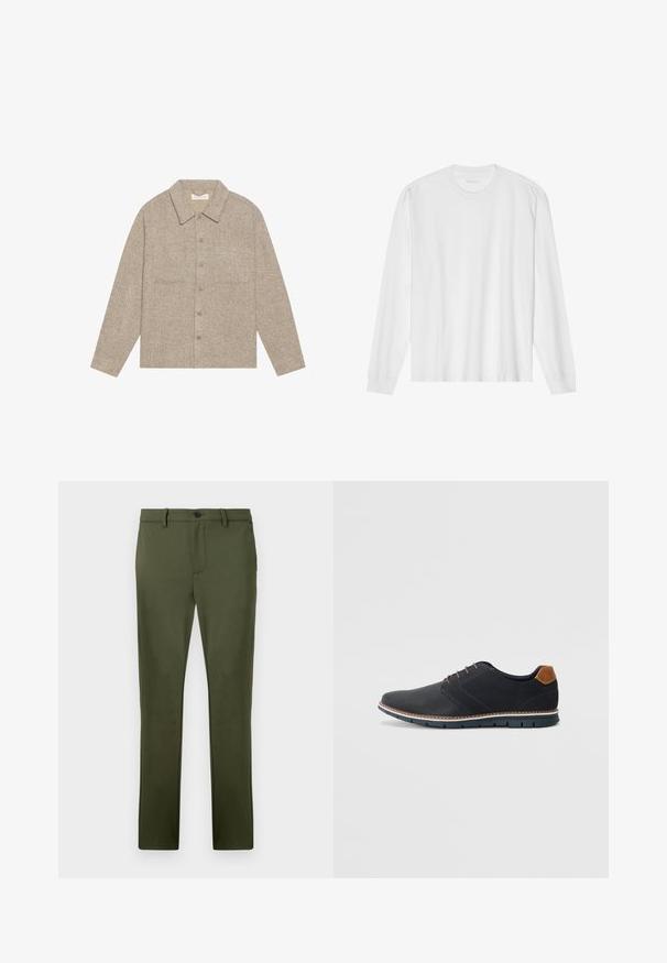 Light brown, textured shirt jacket with a collared neck, front button closure, and two chest pockets. Simple, casual design.; Long-sleeve white cotton t-shirt with a crew neck and ribbed cuffs. Simple, unembellished design, featuring smooth texture and standard fit.; Olive green pants made of a smooth fabric, featuring a straight cut, front pockets, and a single button closure. Minimalist design details.; Black synthetic shoes with a textured upper, smooth accents, brown heel, and a contrasting sole. Features minimal lacing and stitch details.