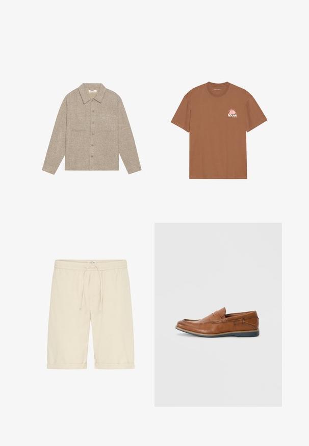 Hele pruun, tekstuuriga särk-jakk koos krae, eest nupukinnitusega ja kahe rinna taskuga. Lihtne, igapäevane disain.; Pruun lühikeste varrukatega T-särk, mis on valmistatud puuvillast, sisaldab roosa päikese graafikat ja "SOLAR" teksti vasakul rinnal. Ümmarguse kaelusega disain.; Beežid puuvillased lühikesed püksid elastse vöörihma ja nööriga. Rullitud mansetid ja sile tekstuur, millel on minimalistlikud disainielemendid.; Prunadest nahkkingad ümmarguse varbaga, õmmeldud detailide ja madala kummitaldaga. Disain sisaldab riba üleval.