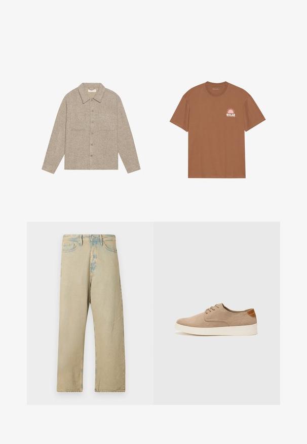 Svetlo rjav, teksturiran srajcni jopič z ovratnikom, sprednjim zapiranjem na gumb in dvema žepoma na prsih. Enostaven, sproščen dizajn.; Bela kratka majica zavezana iz bombaža, ki ima na levem prsnem delu rožnato sončno grafiko in napis "SOLAR". Oblika s krožnim vratom.; Bežna džins hlače z ohlapnim krojem, ki imajo stara oprana videz in subtilne svetlo modre akcentne detajle na pasu in robovih.; Bež tkanine usnjene superge z zaobljenim nosom, vezalkami na sprednji strani in teksturiranim zadnjim detajlom. Belo gumijasto podplato zagotavlja kontrast. Enostaven in sodoben dizajn.