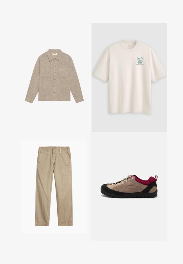 Light brown, textured shirt jacket with a collared neck, front button closure, and two chest pockets. Simple, casual design.; White cotton t-shirt with short sleeves, featuring a green Lev's logo and text on the left chest. Relaxed fit, smooth texture.; Beige straight-leg chinos with belt loops, front button and zipper closure, and slant front pockets.; Shoe with a beige suede upper, black rubber sole, pink mesh accents, and grey laces. Features perforations for breathability and a pull tab.