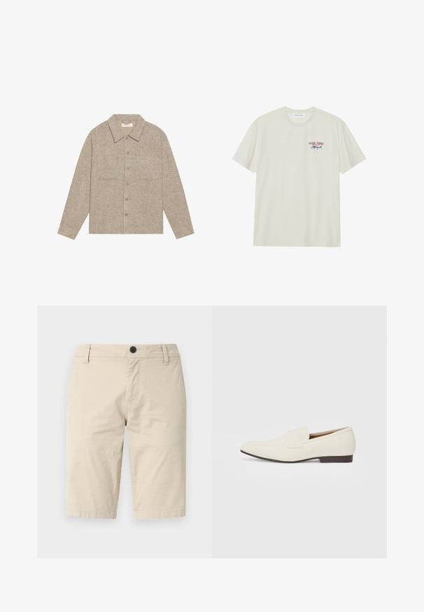 Veste chemise en tissu texturé marron clair avec un col, fermeture à boutons à l'avant et deux poches poitrine. Design simple et décontracté.; T-shirt en coton crème clair avec des manches courtes. Présente un petit graphisme bleu et rouge d'un marlin avec le texte "MARLIN TROPHY".; Shorts beiges en tissu léger, avec un devant plat, une fermeture à un bouton et deux poches latérales ; texture lisse.; Mocassins beige clair avec un bout pointu, en matériau lisse, une sangle sur le devant et une semelle basse marron. Design simple avec des accents minimalistes.