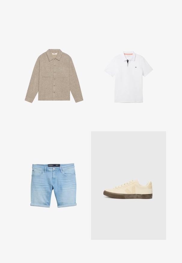 Jasnobrązowa, teksturowana kurtka koszulowa z kołnierzykiem, z przodem na guziki oraz dwoma kieszeniami na piersi. Prosty, casualowy design.; Biała koszulka polo z czarnym kołnierzykiem i pomarańczowymi detalami, krótkimi rękawami oraz małym logo na piersi. Wykonana z oddychającej mieszanki bawełny.; Jasnoniebieskie szorty dżinsowe z podwiniętym dołem, wyposażone w pięć kieszeni i zapięcie na guzik, wykonane z gładkiej, lekko przetartej tkaniny.; Beżowy trampki z płóciennym wierzchem, okrągłym noskiem, płaskimi sznurowadłami i teksturowaną brązową gumową podeszwą. Posiada logo po boku oraz minimalistyczny design.