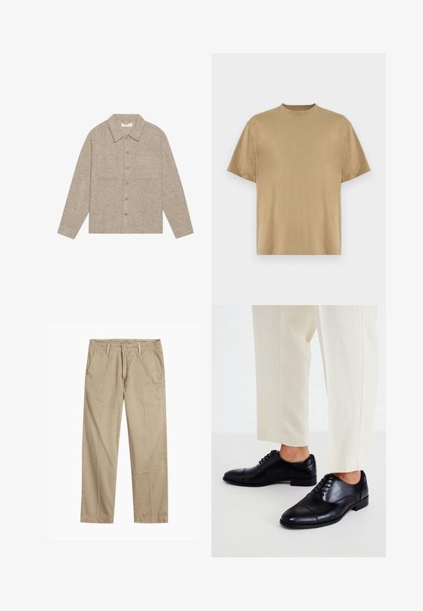 Lys brun, teksturert skjortejakke med krage, knappelukking foran og to brystlommer. Enkel, uformell design.; Khaki kortermet T-skjorte laget av mykt stoff, med rund hals og en avslappet passform. Ingen mønstre eller grafikk er synlige.; Beige straight-leg chinos med beltehemper, frontlukking med knapp og glidelås, og skrå frontlommer.; Call it Spring CARLISLE - Pensko med snøring - black