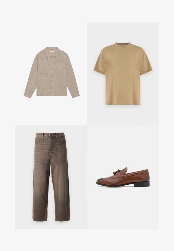 Vaaleanruskea, teksturoitu paitatakki, jossa on kauluksellinen kaula, etupainonappi ja kaksi rintataskua. Yksinkertainen, rento muotoilu.; Khaki lyhythelmainen T-paita, joka on valmistettu pehmeästä kankaasta. Paidassa on pyöreä kaula-aukko ja rento istuvuus. Ei näkyviä kuvioita tai graafisia elementtejä.; Ruske leve hlače iz denima. Imajo zadrgo, obrobo za pas in pet žepov. Tkanina ima zbledel, teksturiran videz.; Ruske nahkasaappaat pyöreällä nenällä, koristeompeleet ja tupsuakseli. Pohja on musta ja hieman kohotettu.