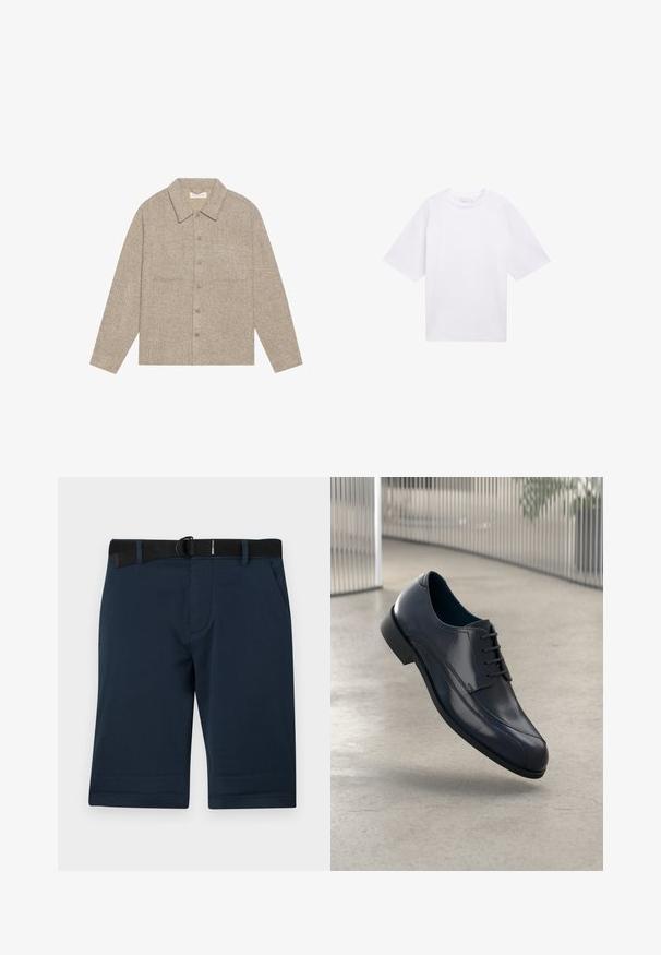 Svetlo rjav, teksturiran srajcni jopič z ovratnikom, sprednjim zapiranjem na gumb in dvema žepoma na prsih. Enostaven, sproščen dizajn.; Bela majica s kratkimi rokavi, izdelana iz bombaža. Ohlapna prileganje s krožnim izrezom. Gladka tekstura in brez vidnih vzorcev ali poudarkov.; Morske modre hlače kratke iz teksturiranega materiala, z nastavljivim črnim pasom, dvema stranskima žepoma in ravnim robom.; Svetleče črne usnjene čevlje za obleko z vezalkami, ki lebdi nad gladko, svetlo sivo tlemi ter vertikalnimi kovinskimi palicami v ozadju.