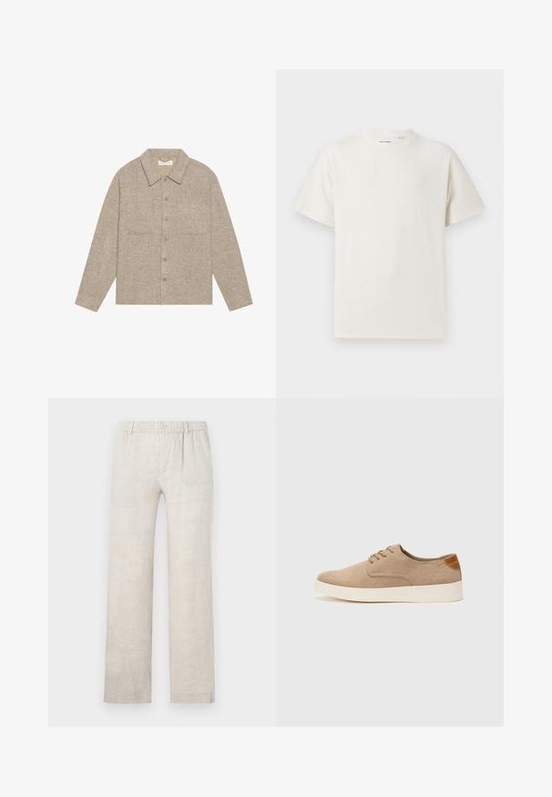 Light brown, textured shirt jacket with a collared neck, front button closure, and two chest pockets. Simple, casual design.; White short-sleeve T-shirt in a ribbed texture. Round neckline, relaxed fit, no visible patterns or accents. Simple and versatile design.; Light beige linen pants with a straight leg design, elastic waistband, and a button closure. Minimal texture with subtle stitching details.; Beige suede sneakers with a rounded toe, lace-up front, and a textured back accent. White rubber sole provides contrast. Simple and modern design.