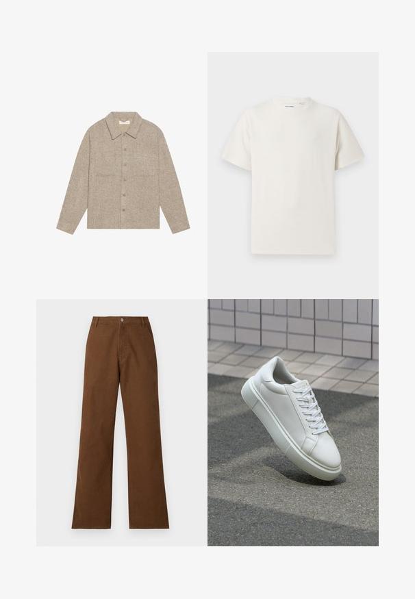Svijetlo smeđa, teksturirana jakna košulja s ovratnikom, prednjim kopčanjem na gumbi i dva džepa na prsima. Jednostavan, ležeran dizajn.; Bijela kratka majica s kratkim rukavima u rebrastoj teksturi. Okrugli izrez, ležeran kroj, bez vidljivih uzoraka ili akcenta. Jednostavan i svestran dizajn.; Smeđe pamučne hlače ravnog kroja, sa zatvaranjem na dugme i dva prednja džepa. Glatka tekstura bez vidljivih uzoraka ili ukrasa.; Bijela kožna tenisica s glatkom površinom, okruglim vrhom i ravnim bijelim vezicama. Ima teksturiran gumeni potplat i minimalne dizajnerske elemente.