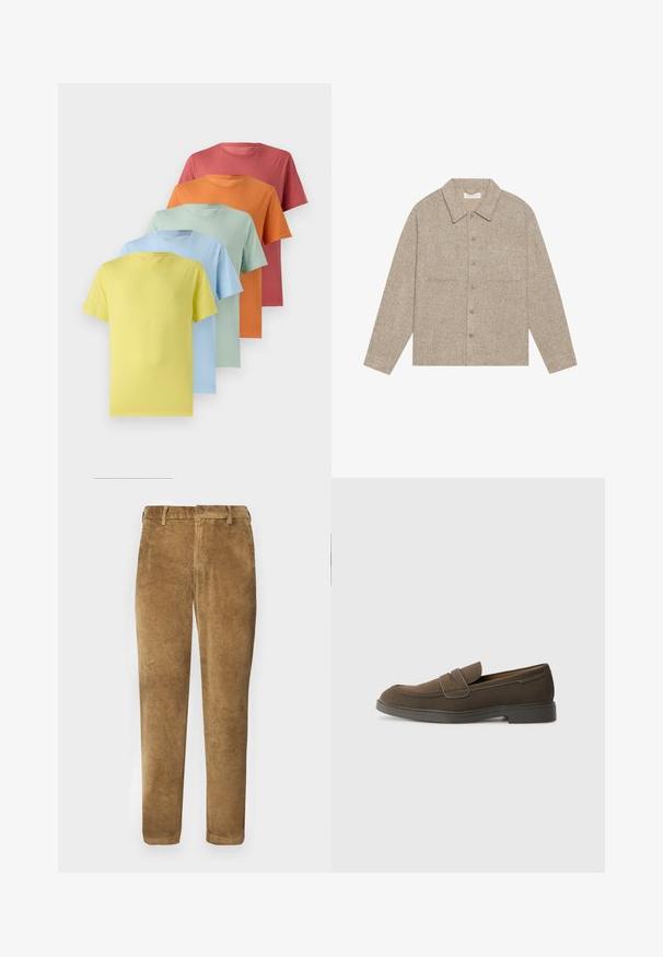 Világosbarna, textúrázott ingdzseki, galléros nyakkal, elöl gombokkal záródik, és két mellzsebbel rendelkezik. Egyszerű, laza dizájn.; Öt rövid ujjas póló egy átmenetben: sárga, világoskék, mentazöld, narancs és korall. Puha anyag, kerek nyakkivágású dizájnnal.; Barna kordbársony nadrág, függőleges bordázott textúrával, egyenes szabással, gombos záródással és övhurkokkal. Simított anyag, kellemes tapintású.; Barna velúr loafer, lekerekített orral, egy csíkkal a lábfejen, és lapos gumitalppal. Egyszerű dizájn, letisztult vonalakkal és minimális részletezéssel.