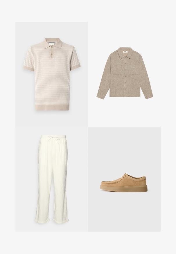 Jachetă cămașă de culoare maro deschis, texturată, cu guler, închidere cu nasturi în față și două buzunare la piept. Design simplu, casual.; Polo cu mâne scurte, de culoare bej deschis, cu dungi texturate, guler și placket cu trei nasturi. Material moale, cu manșete ribbate.; Pantaloni din in, de culoare albă-crem, cu un tiv elastic la talie, piciorușe ușor largi și manșete răsucite pentru un stil relaxat. Fără buzunare.; Pantofi din piele nubuc cu șireturi, de culoare bej deschis, cu vârf rotund, detalii cusute și talpă din cauciuc plat, evidențiind o textură netedă.