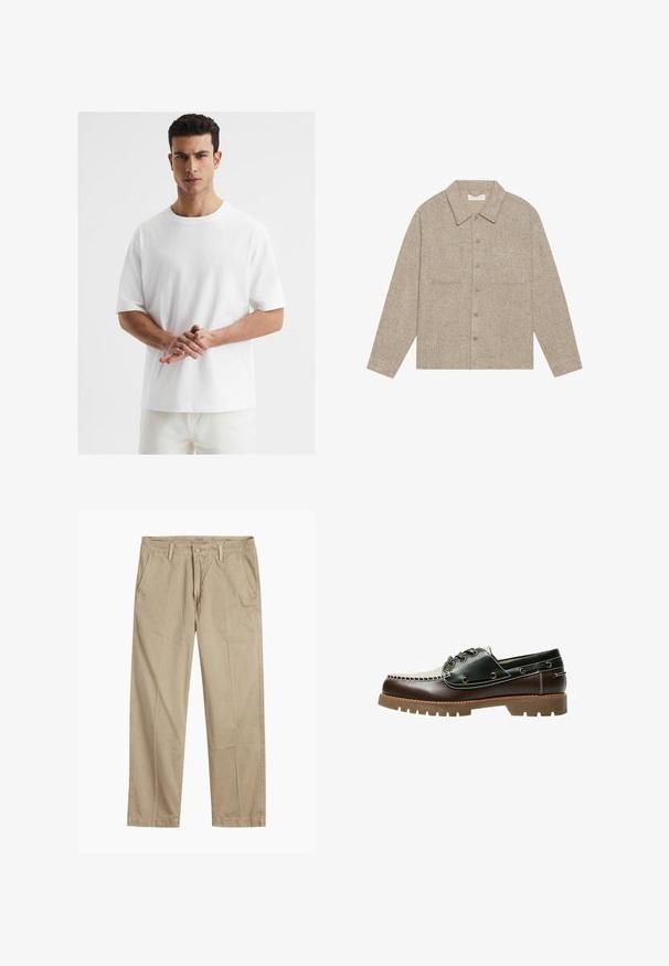 Világosbarna, textúrázott ingdzseki, galléros nyakkal, elöl gombokkal záródik, és két mellzsebbel rendelkezik. Egyszerű, laza dizájn.; Fehér pamut póló kerek nyakkal, rövid ujjal, laza szabással és sima textúrával. Nincsenek látható minták vagy díszítések.; Beige egyenes szárú chino nadrág övhurkokkal, elülső gombos és cipzáras záródással, valamint ferde elülső zsebekkel.; Barna és fekete bőrből készült hajócipő fűzővel, kontrasztos varrással és texturált gumitalppal. Fém szemen található, lekerekített orr-résszel.