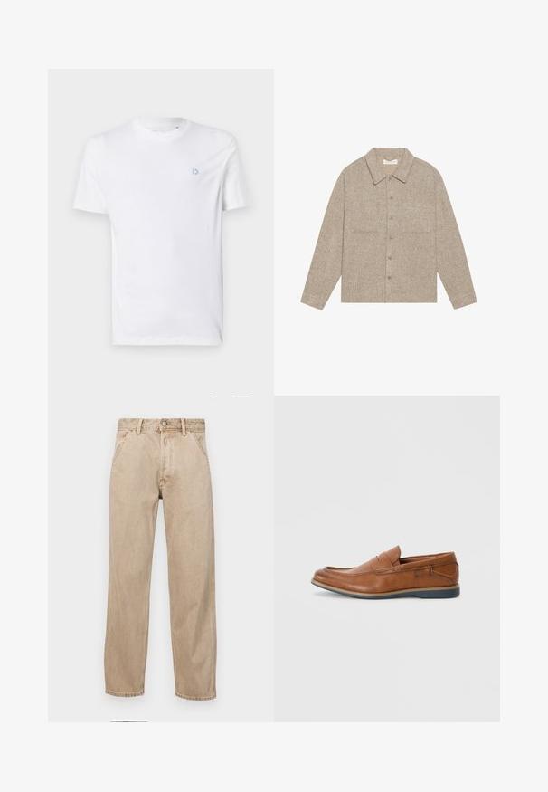 Svetlohnedá, textúrovaná košeľová bunda s golierom, predným zapínaním na gombíky a dvoma náprsními vreckami. Jednoduchý, casual dizajn.; Biela bavlnená tričko s okrúhlym výstrihom a krátkymi rukávmi, s svetlomodrým logom na ľavej hrudi. Hladká textúra, jednoduchý dizajn.; Bežové denimové rifle so strihom rovného nohu, s prednými vreckami, kovovým zapínaním na gombík a jemnou textúrou.; Hnedé kožené poltopánky s okrúhlou špičkou, prešité akcenty a nízkou gumovou podrážkou. Dizajn obsahuje pásku cez hornú časť.