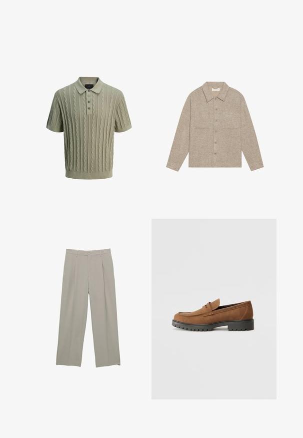 Svetlohnedá, textúrovaná košeľová bunda s golierom, predným zapínaním na gombíky a dvoma náprsními vreckami. Jednoduchý, casual dizajn.; Pletené polo tričko v svetlozelené farbe s károvaným vzorom, krátkymi rukávmi, zapínaním na tri gombíky a rebrovaným golierom a lemom.; Svetlošedé nohavice s širokými nohavicami a hladkým povrchom, so záhybmi vpredu, gombíkovým zapínaním a bočnými vreckami.; Hnedé semišové loafers so zaoblenou špičkou a nízkou čiernou gumovou podrážkou, s dekoračným pásikom a šitými detailmi na hornej časti.