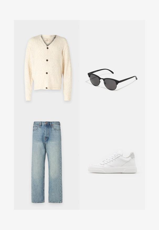 Giubbotto marrone, voluminoso, con cappuccio e zip frontale, caratterizzato da cuciture orizzontali e due tasche laterali. Foderato in tessuto nero.; Cardigan a maglia treccia color crema con scollatura a V, tre bottoni marroni e polsini a coste. Texture morbida e vestibilità ampia, ideale per sovrapporre.; T-shirt nera in cotone con maniche corte, collo rotondo e vestibilità comoda. Texture liscia e design minimalista, senza motivi né dettagli.; Jeans in denim blu chiaro con un design a gamba dritta, cinque tasche e hardware in bronzo. Leggera sbiaditura con una finitura pulita.; Sneaker bianche in pelle con finitura liscia, punta arrotondata, lacci piatti e suola texturizzata. Accento in suede grigio sul tallone.; Occhiali da sole neri con lenti rotonde, finitura opaca e forma distintiva a occhio di gatto. Astine sottili con un branding discreto sulla tempia sinistra.