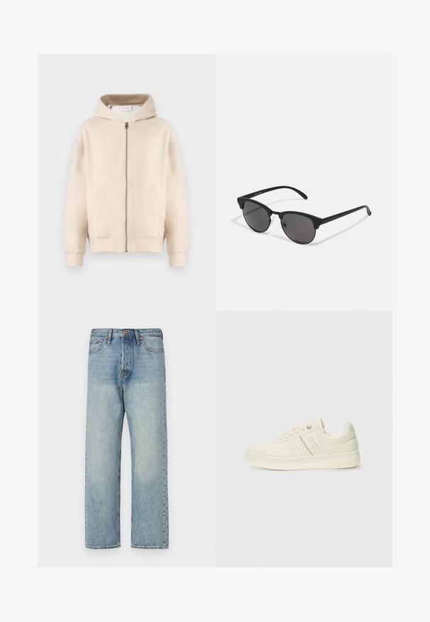 Pruun, paks ja kapuutsiga jakk, millel on lukuga esikülg, horisontaalsed õmblused ja kaks küljetaskut. Vooder mustast kangast.; Beige kapuutsiga sviiter, millel on täispikk tõmblukk, kaks esist taskut, ribakudumiga varrukad ja alläär. Valmistatud pehmest ja mugavast kangast.; Valge lühikeste varrukatega T-särk ribakudumises. Ümar kaelus, mugav lõige, nähtavad mustrid ega aksessuaarid puuduvad. Lihtne ja mitmekesine disain.; Heledad sinine teksapüksid otse jala lõikega, viie tasku ja pronksist detailidega. Minimoodustunud pleekimine puhta viimistlusega.; Koor valged tossud perforatsiooni detailide, nööpide ja külje logo ka, esitatud ühtlase valge tausta ees.; Mustad prillid ümmarguste läätsedega, mati viimistlusega ja iseloomuliku kassisilma kujuga. Peened sangad, millel on vasakul templil diskreetne brändingu märk.