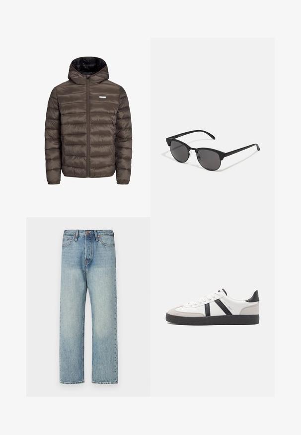Brun, puffy, hettejakke med glidelås foran, med horisontale sømmer og to sidelommer. Fôret med svart stoff.; Olivengrønn strikket genser med rund hals, lange ermer og ribbede mansjetter. Har et teksturert mønster og en avslappet passform.; Lyseblå denimjeans med rett ben-design, fem lommer og bronsebeslag. Minimal falming med en ren finish.; Hvite sneakers med svarte og grå detaljer, med en teksturert grå tåhette, svart gummisåle, og flate hvite lisser. Rent design, minimalistisk stil.; Sorte solbriller med runde linser, matt finish og karakteristisk katteøyeform. Slanke armer med subtil merking på venstre tempel.